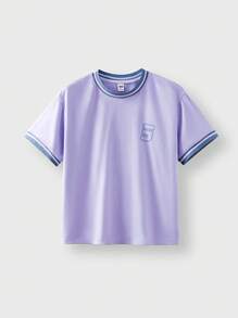 JNSQ T-shirt à manches courtes de sport décontracté pour la rentrée scolaire, T-shirt en coton à col ras-du-cou nervuré avec couleur contrastée pour enfants