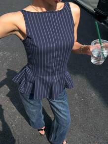 Siren Gaze 夏季新款露背蝴蝶结A字型女衬衫 - 藏蓝色 - 查看 6