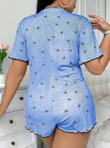 SHEIN Sexy Bow Print Deep V Bodysuit, Fitted Plus Size Short Sleeve