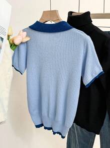 Suéter de punto casual de mujer con bloque de color y manga corta, para otoño e invierno - Azul - Ver 2