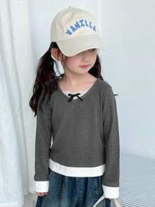 Dazy Kids Áo thun họa tiết nơ khối màu đơn giản cho bé gái - Xám - Xem 1
