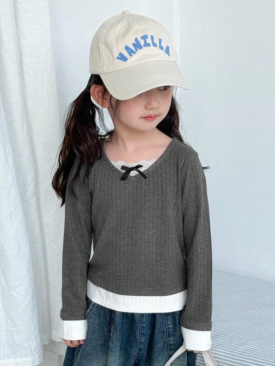 Dazy Kids Áo thun họa tiết nơ khối màu đơn giản cho bé gái - Xám - Xem 1