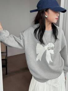 DAZY Tween Size Round Neck Knitted Fleece Sweatshirt With Bow Embroidery Fall,Winter - Grey - View 5