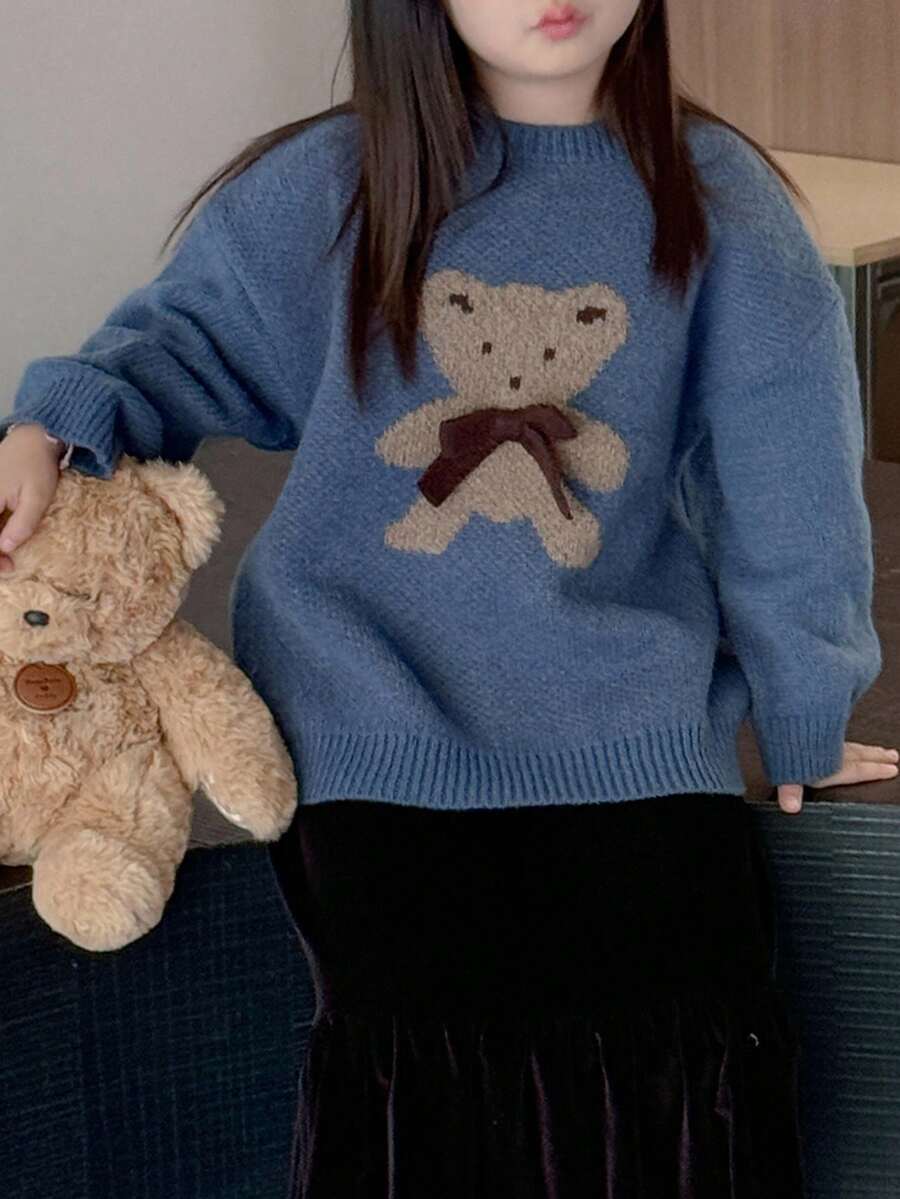 Dazy Kids 小女孩熊图案蝴蝶结装饰毛衣，秋冬休闲装 - 霧霾藍 - 查看 1