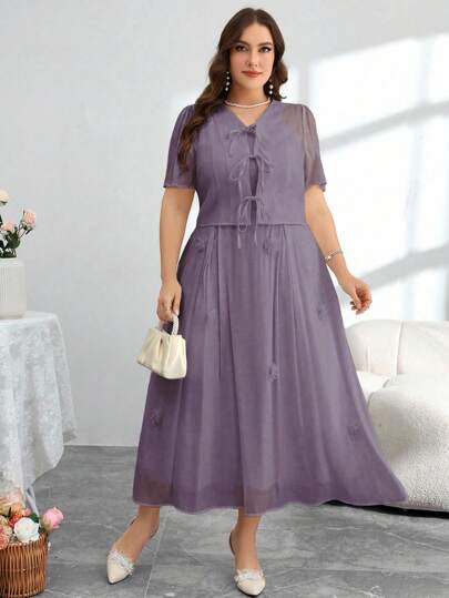 Modelyn 女士雪纺短袖系带夹克 + 花卉装饰吊带背心连衣裙 2 件套