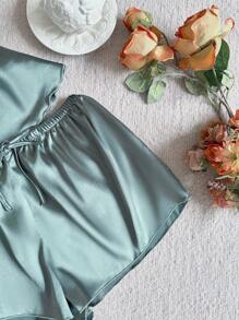 夏季优雅纯色吊带背心和短裤睡衣套装缎面睡衣套装鼠尾草绿色睡衣套装两件套缎面睡衣套装女士缎面睡衣缎面睡衣套装两件套缎面睡衣套装女士缎面睡衣短裤套装 - 綠色 - 查看 5