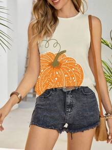 Shutterstock Glamance Camiseta de tirantes casual de corte holgado con cuello redondo y estampado de calabaza para mujer