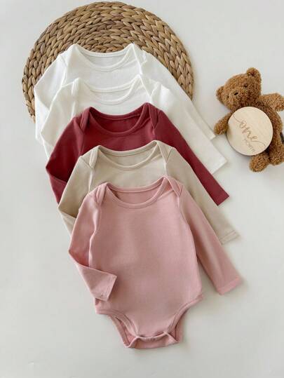 SHEIN 5 件套新生女婴可爱纯色针织长袖连体衣，秋冬