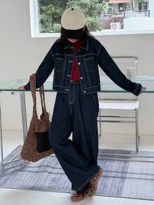 DAZY 青少年女孩休闲长袖纽扣上衣和阔腿牛仔裤两件套秋冬 - 藍色 - 查看 2