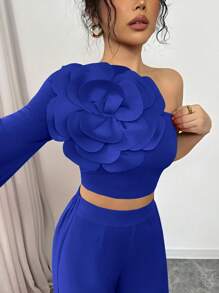 Elenzga Áo croptop nữ dáng ôm thanh lịch, họa tiết hoa đỏ 3D, họa tiết hoa hồng ngày lễ tình nhân, tay áo đèn lồng bất đối xứng, thời trang xuân/hè mới - Xanh đậm - Xem 4