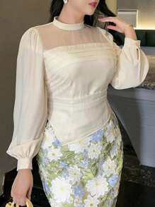 Dazy Plus Blusa de mujer talla grande con contraste de color, cuello alto de malla, manga farol, ropa de mujer de otoño, blusa de manga larga