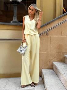 Siren Gaze 秋季女装 - 2025 最新款女士优雅奶油黄色纯色前开 V 领无袖西装外套和直筒裤套装，永恒学院风，商务休闲装、办公室装、教师装、返校季的完美之选，是工作和日常通勤的秋季必备单品