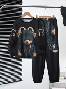 2pcs/Set Tween Boy's Casual Bear Graphic Sweatshirt And Sweatpants Set, Suitable For Leisure And Sports Wear Fall Winter - Black - View 3
