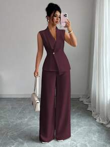 Elenzga Conjunto de oficina elegante para ir al trabajo y tomar el té de la tarde, compuesto por una chaqueta blazer sin mangas con cuello y bajo asimétrico, con decoración de hebilla metálica en la cintura, combinada con pantalones de cintura elástica, conjunto de 2 piezas, para primavera/verano