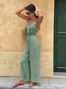 Serisse Women's Vacation Casual Solid Color Tassel Decor Jumpsuit Summer