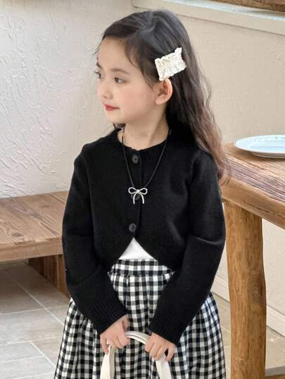 DAZY Young Girl Round Neck Drop Shoulder Knit Casual Single-Breasted Cardigan