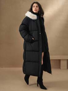 DAZY Women's Faux Fur Collar Hooded Long Sleeve Padded Coat, Autumn/Winter - Black - View 6
