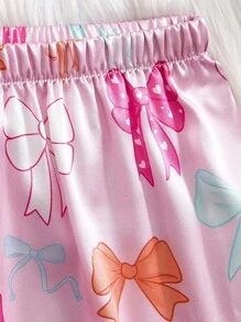 2pcs Girls' Butterfly Print Short Sleeve Pants Cute Pajama Set, Spring/Summer - Pink - View 4