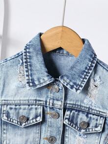 SHEIN 1 Set Girls Casual Vintage Distressed Light Wash Denim Jacket & Skirt Outfit, Comfortable Street Style Suit For Daily Wear 2 Piece Denim Set Denim Sets For Girls - Light Wash - View 5