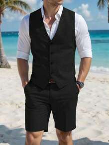 Calvornis Men's V-Neck Sleeveless Button-Down Vest And Slim-Fit Dress Shorts Set - Black - View 1