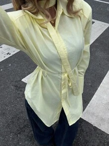 SHEIN EZwear 女装秋季新款奶油黄色系腰垫肩领长袖衬衫