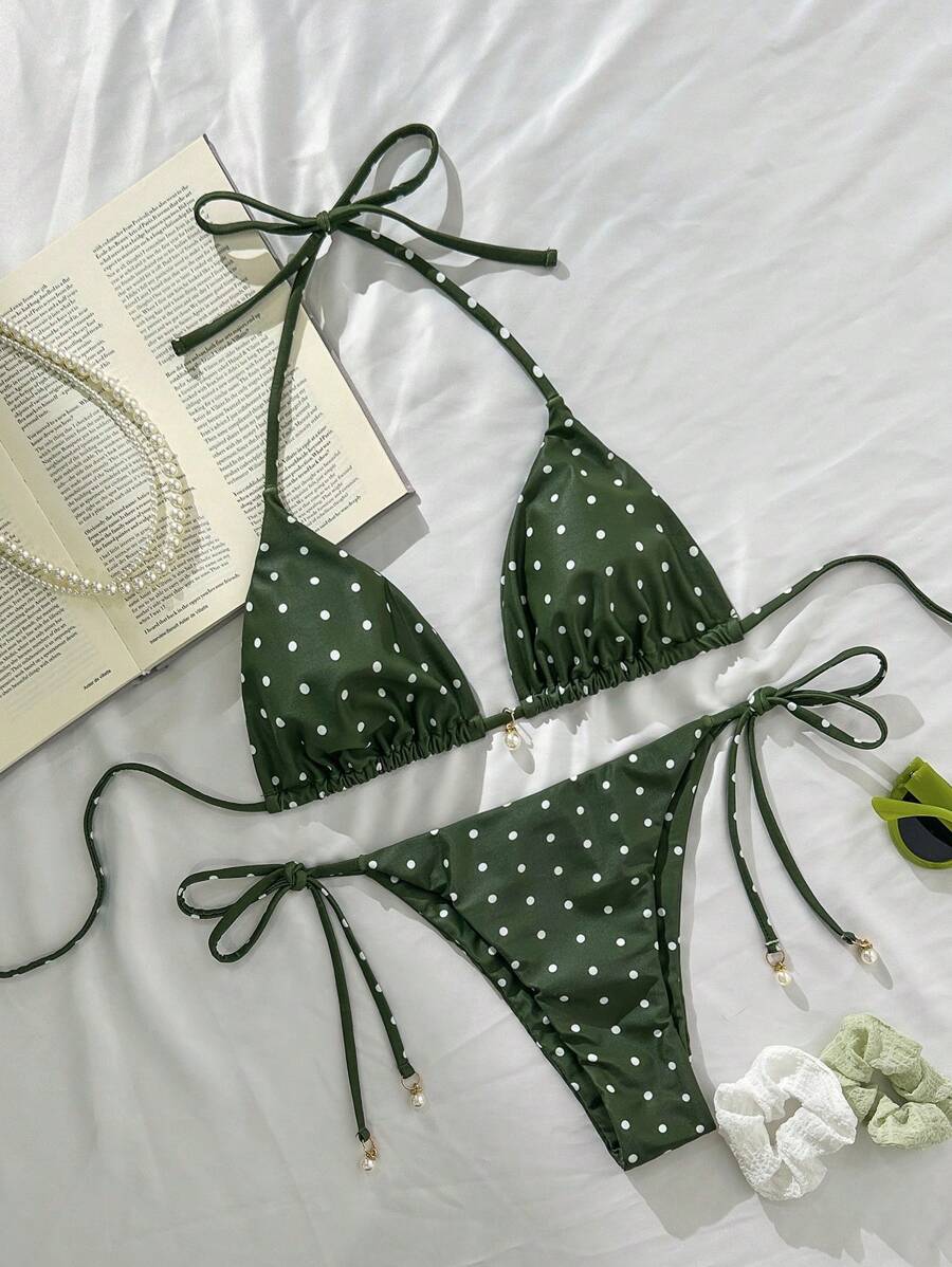 Swim Mod Springbreak Women's Polka Dot Print Swimsuit Set, Random Print For Summer Beach Vacation - Army Green - View 1