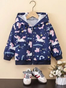 Back To School Fall Clothes  Girls (Small) New Spring/Autumn Navy Blue Unicorn Print Zip-Up Hooded Casual Cute Jacket Winter