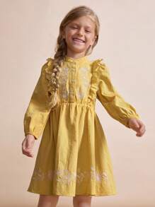 Maija Kids Maija Kids Vestidos de manga larga con ribete de Ruffle bordado para niñas jóvenes