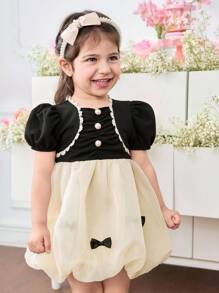 Rochie drăguță și elegantă cu mânecă scurtă, cu fundă și blocuri de culoare pentru bebeluși - Multicolor - Vizualizare 2