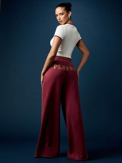 Missguided x Playboy Jogger Sweatpants With Side Pockets Elastic Waist Wide Leg Flared Pants Retro High Rise Casual Fall Winter Loungewear Track Bottoms