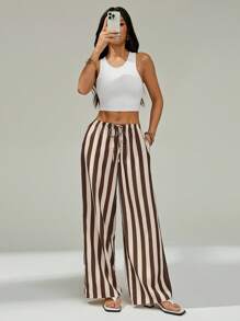 SHEIN PETITE Women's Striped Drawstring Waist Wide Leg Loose Casual Pants - Brown - View 7