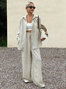 Livesso Bộ 2 món đồ mặc nhà kiểu vải lanh rộng rãi, thoải mái dành cho nữ, thích hợp cho mùa thu. - Màu Khaki - Xem 1