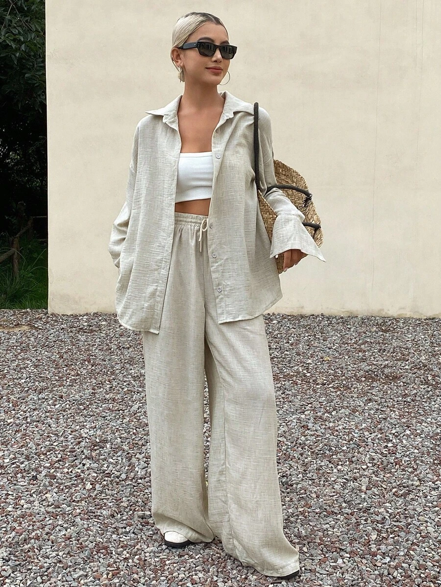 Livesso Bộ 2 món đồ mặc nhà kiểu vải lanh rộng rãi, thoải mái dành cho nữ, thích hợp cho mùa thu. - Màu Khaki - Xem 1