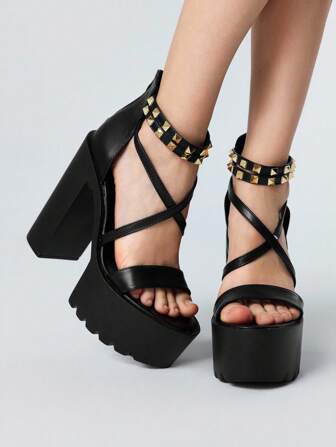 Goth Women's Fashionable Metal Rivet High Heel Sandals - Summer Punk Style Casual Open Toe High Heels - Comfortable Breathable Slip On Design