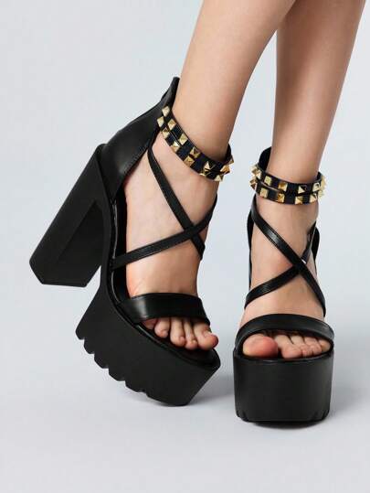 Goth Women's Fashionable Metal Rivet High Heel Sandals - Summer Punk Style Casual Open Toe High Heels - Comfortable Breathable Slip On Design