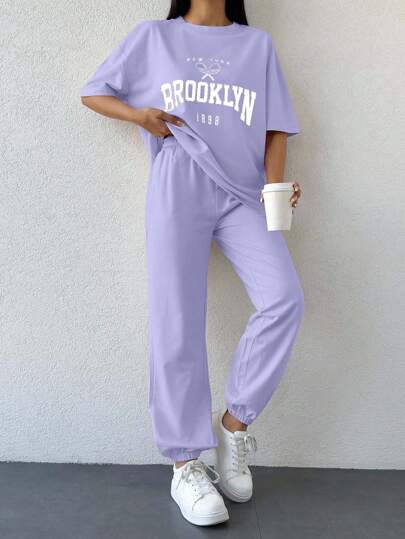 EURMUSE Women Solid Color Printed T-Shirt & Sweatpants