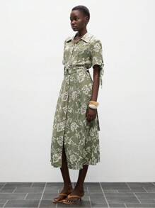 Lumivelle New Elegant Embroidered Floral Long Shirt Dress Summer Dress Clothes For University - Army Green - View 4
