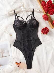 SHEIN Bộ đồ liền thân ren gợi cảm có gọng lãng mạn, Rave - màu đen - Xem 4