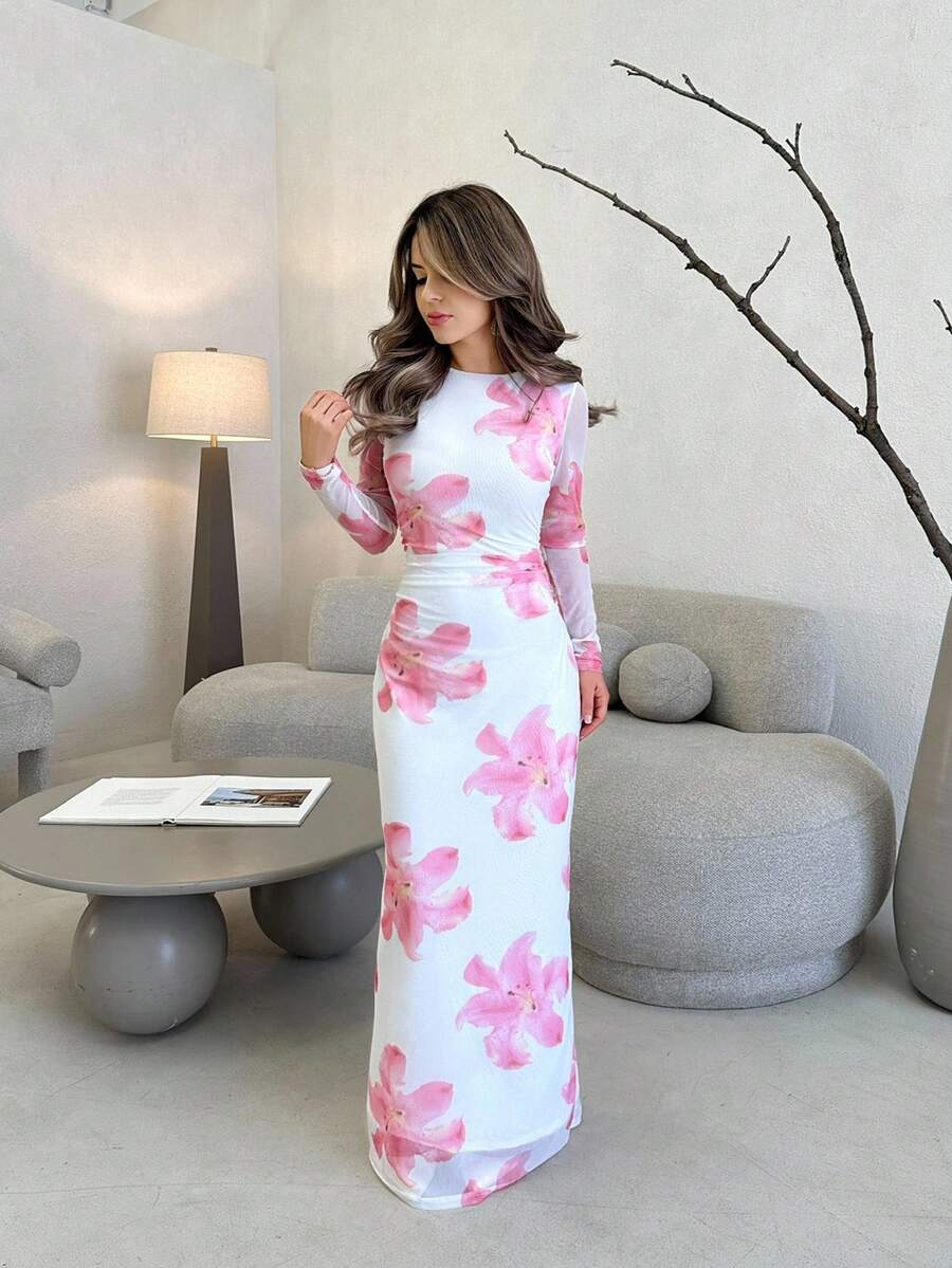 Jemour 浪漫约会之夜花卉印花褶皱女式长袖连衣裙 - 彩色 - 查看 1