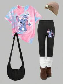 SHEIN Elladie kids 女孩休闲时尚创意可爱卡通针线字母标语印花 T 恤和紧身裤两件套 - 彩色 - 查看 3