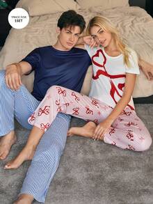 CoupledUp Contrast Stripe Print Men's Pajama Set Including Short Sleeve Tops And Bottoms Couple Pajama Sets Couple Pjs Summer Sleep Wear Sets Men Sleepwear Men Pjs Set - Multicolor - View 6