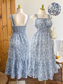Comfortcana Vestido de talla grande de estilo casual de verano con lazo azul decorativo para vacaciones - Azul - Ver 1
