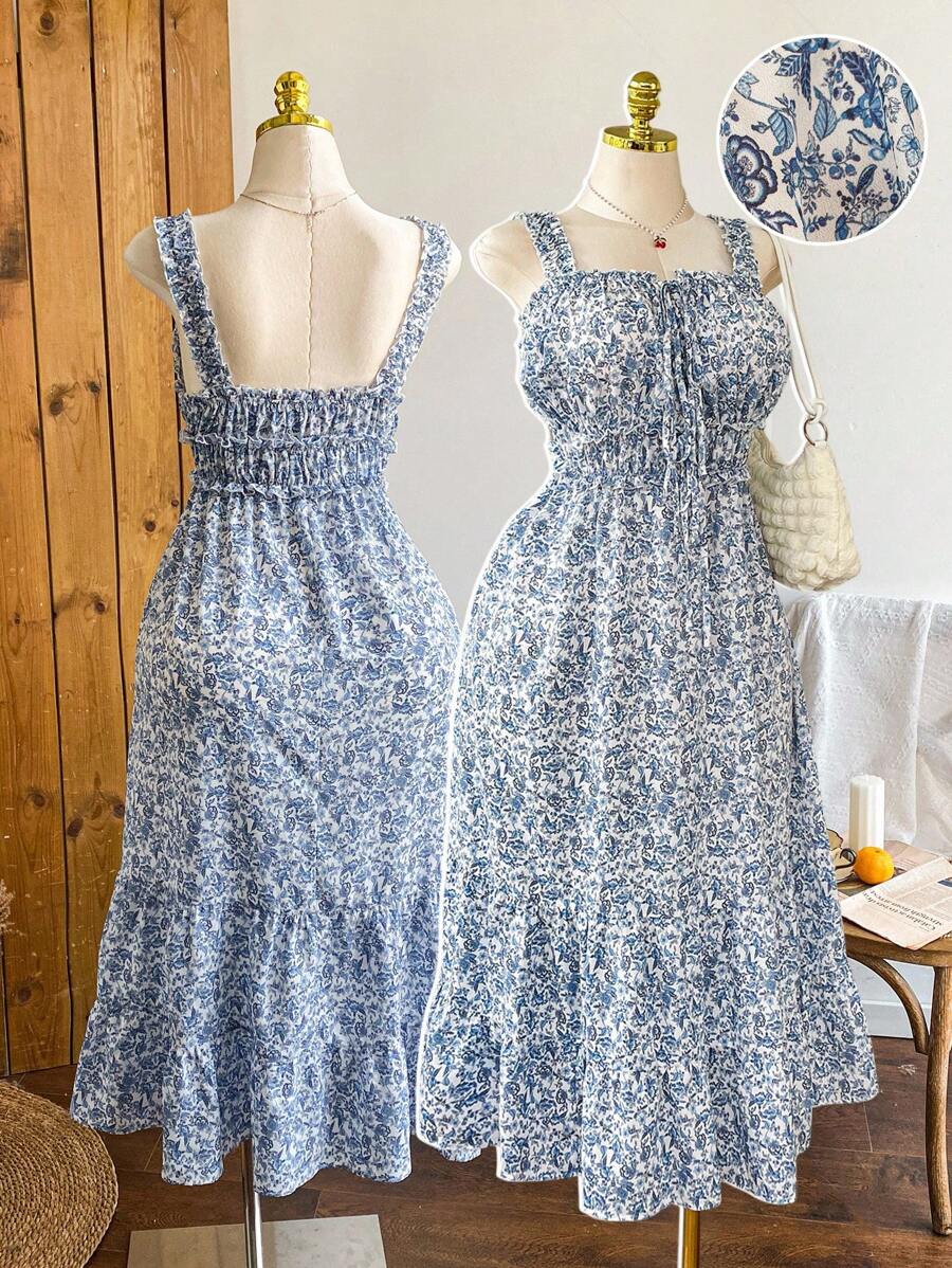 Comfortcana Vestido de talla grande de estilo casual de verano con lazo azul decorativo para vacaciones - Azul - Ver 1