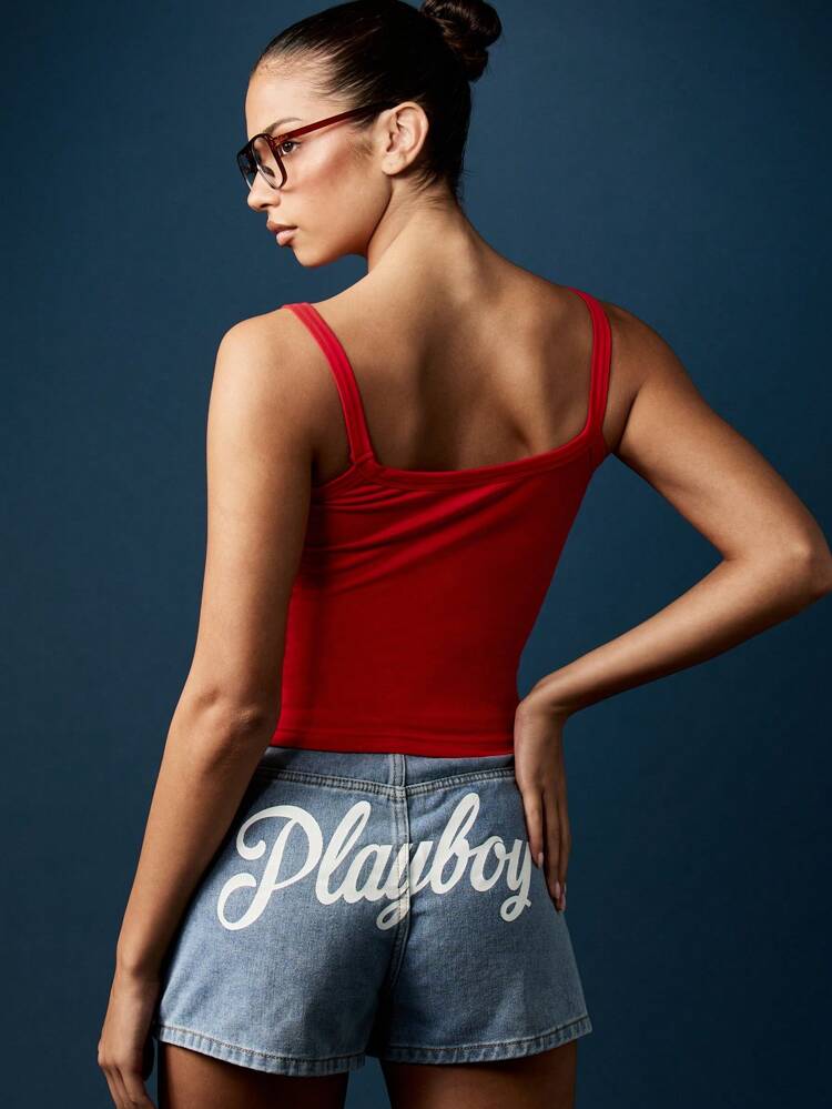 Missguided x Playboy ロゴプリント入りスクエアネッククロップドタンクトップ