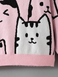 SHEIN 青少年女孩可爱卡通图案圆领休闲长袖套头毛衣 - 淺粉色 - 查看 6