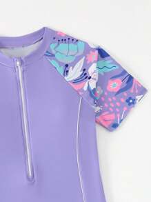 青少年女孩度假休闲印花拉链连体泳衣 - 紫色 - 查看 6
