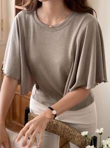 DAZY قميص تي شيرت نسائي بأكمام قصيرة مزين بالكشكشة والرقعات، ملابس أنيقة للمكتب، مناسبة للتنقل والحفلات والزفاف - كاكي - مشاهدة 1