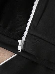 SHEIN Playful Pals 2 件幼儿男童连帽衫套装，秋冬新款长袖连帽卫衣和裤子套装，黑色连帽白色撞色拉链卫衣和黑色裤子，舒适休闲装适合日常穿着，兄弟姐妹套装 - 黑色 - 查看 5