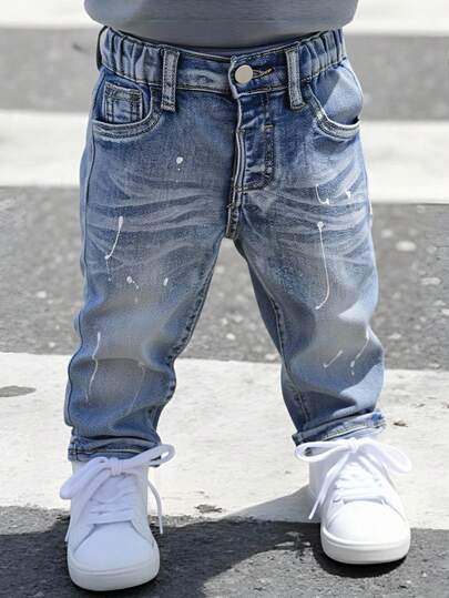 SHEIN Playful Pals Baby Boys Y2K Style Distressed Denim Jeans, Slim Fit Rolled Hem, Comfortable Stretch Fabric, Casual & Fashionable Baby Boy Jeans Fall Winter