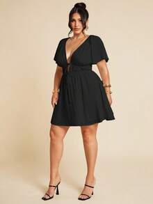 SHEIN BAE Plus Size Women's V-Neck Ruched Tie Linen Short Sleeve White Elegant Dress, Casual Everyday Dress, Mini Dress, Fashion Daily Wear/ Black Vacation Dress/ Flutter Sleeve Dress/ Black Mini Dress/ Plus Size Black Dress